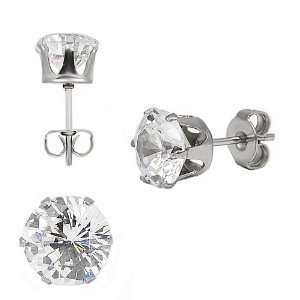   Steel Ear Studs with Clear Round Zirconia 5mm (Pair): Jewelry
