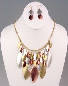 Draping Brushed Gold Silver Copper Metal Leaves Bib Style Necklace Set 