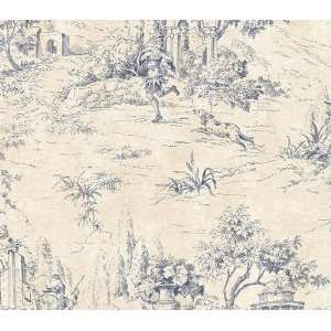    Navy Blue and Cream Scenic Toile Wallpaper: Kitchen & Dining