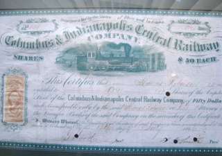 1866 COLUMBUS & INDIANAPOLIS RAILWAY STOCK Signed FRAMED Original RARE 