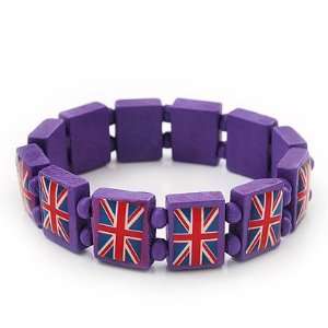 UK British Flag Union Jack Purple Stretch Wooden Bracelet   up to 20cm 