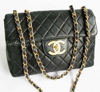 Auth Chanel black lamb CC logo quilted L jumbo classic bag handbag 