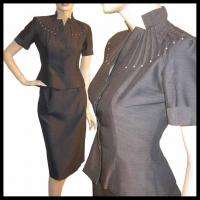 Vtg 50s GRAY Wasp Waist BOMBSHELL Jacket Skirt Suit XS  