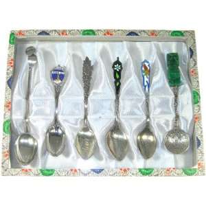  Six Vintage Silver Souvenir Spoons in Display Case 