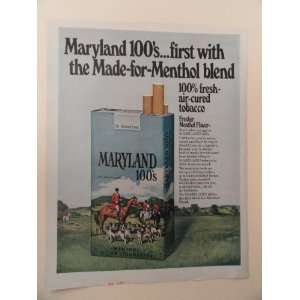 Maryland 100s Cigarettes,1971 print ad (100% fresh air cured tobacco 