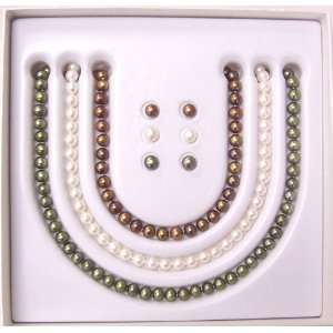  Pearl Necklace and Stud Earring Sets in White, Green, and Chocolate 