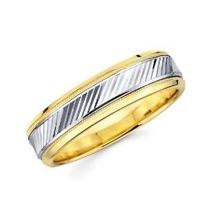 14K Solid 2 Two Tone Yellow White Gold DC Diamond Cut Lines Wedding 
