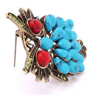Elegant Turquoise Coral Beads Owl style Pin Brooch  