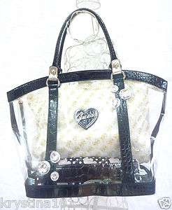 GUESS CLEAR BLACK CROC FAUX LEATHER SEE THRU TOTE BAG COSMETIC CASE 