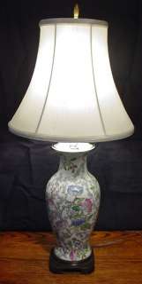 CHINESE WHITE LAMP W/FLOWERS & WOODEN BASE SILK SHADE  