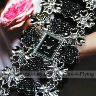 Deluxe Lady Goth Style Black Crystal Heart Rhinestone Bangle Wrist 