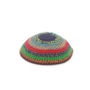 16 Centimeter Knitted Kippah in Bright Stripes of Multi Colored Yarn