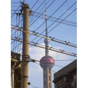 China, Shanghai, Oriental Pearl Tv Tower with Power Lines Photographic 