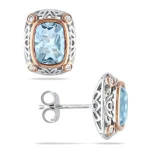 Sterling Silver, Pink Rhodium Plated, Diamond and Blue Topaz Earrings 