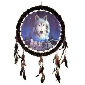 20 Diameter Furry Wolf / Wolves Night Sky Scene Dream Catcher  