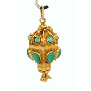  Vintage 18K Gold & Turquoise Ornate Charm Pendant: Jewelry