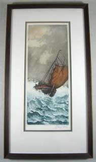 Aquatint Etching Ship/Boat Storm SIGNED Marcel Augis NR  