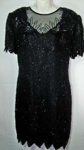   Vintage 80s Black Beaded 100% Silk Lined Cocktail Dress Cruise Sz L