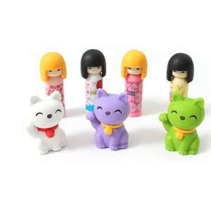   : Iwako Japanese Eraser /Set   4 Kokeshi & 3 Lucky Cats: Toys & Games