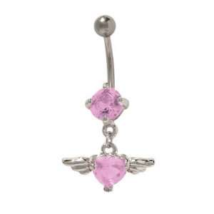  Dangling Pink Jewel Heart with Wings Belly Ring: Jewelry