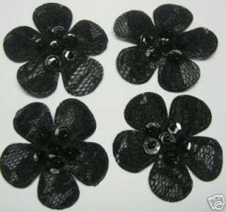Embossed Sequin Beaded Lace Flower Appliques x40 Black  