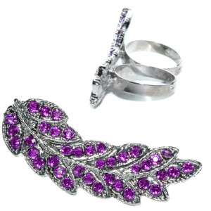 Purple Rhinestone Leaf Double Knuckle Adjustable Ring  