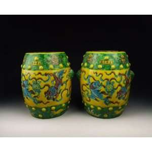  one Pair of Yellow&Green Coloring Kylin Pattern Porcelain 
