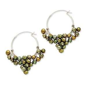   Silver Green Freshwater Cultured Pearl Hoop Earrings   QE2423: Jewelry