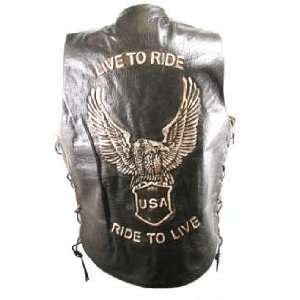  Mens Brown Leather Embossed Eagle Live to Ride Vest Sz L 
