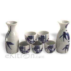  7 piece Japanese Sake Set With White/Blue Bamboo Design(5 