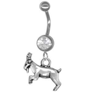 Sterling Silver Capricorn Goat Horoscope Belly Ring with Clear Jeweled 