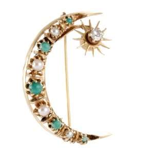    14K Pearl Turquoise Persian Islamic Moon Pin Brooch Jewelry