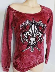 VOCAL RHINESTONE FLEUR DE LIS MINERAL WASHED TOP NEW  