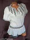 White Black embroidered sequins S M L cotton peasant shirt top blouse 