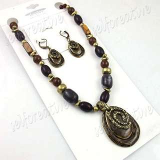 SET Necklace & Ear Clip Earrings Ethnic Natural Stones Wood Enamel 