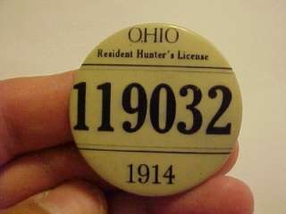   CELLULOID 1914 OHIO RESIDENT HUNTERS LICENSE BADGE TOKEN  