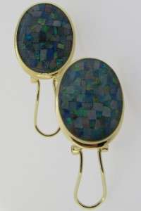 Large 14K YG Genuine MOSAIC OPAL EARRINGS Omega Style Closure  