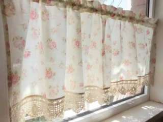 Chic Pink Rose Crochet Lace Cotton Café Curtain  