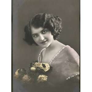 Beautiful Young Lady Holding a Bouquet of Yellow Roses Stretched 