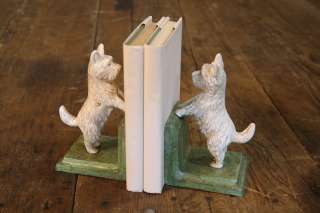   Vintage Style White & Green Distressed Westie Dog Bookends Cast Iron
