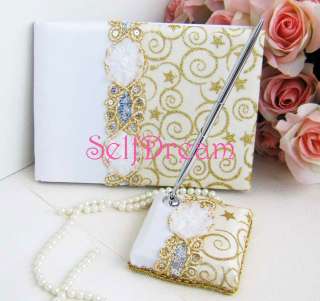 GB07 White with Gold Bridal Floral Guest Book & Pen Set  