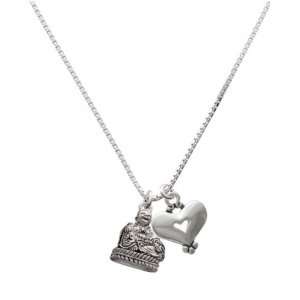  3 D Laughing Buddha and Silver Heart Charm Necklace 