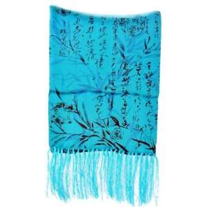  Chinese Light Blue Bamboo and Calligraphy Silk Scarf 