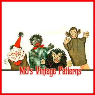Vintage Puppet Pattern ~ Clown, Boy, Lion, Monkey  