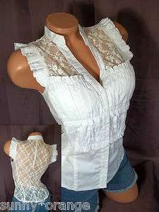 White dressy lace back ruffle V neck blouse top S M L  
