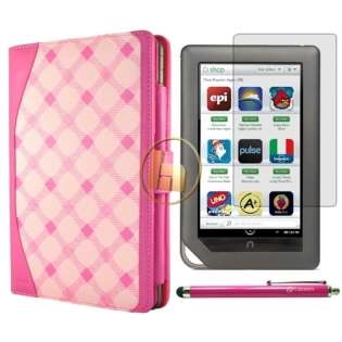 Pink Plaid Case Cover + Stylus + 2x Screen Protectors for Nook Color 