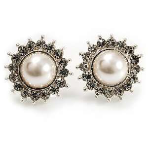 Snow White Crystal Faux Pearl Stud Earrings (Silver Tone 