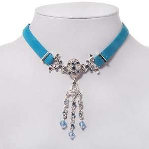  Victorian Light Blue Suede Style Diamante Choker Necklace 