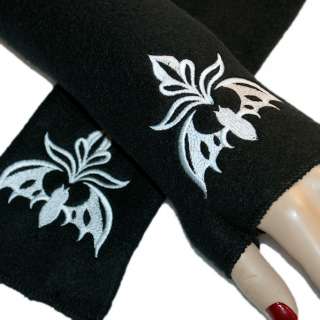 Gothic Damask Bat Embroidery Black Fleece Arm Warmers  