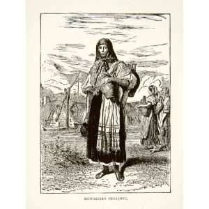  1901 Wood Engraving Hungarian Peasant Woman Fashion Water Jug Well 